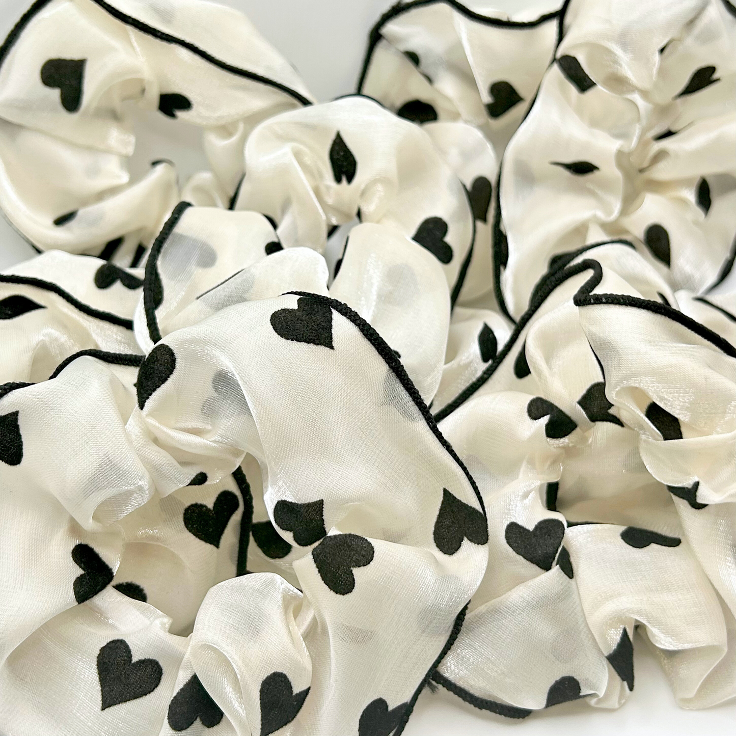 Heart Printed Satin Scrunchies (Ivory)
