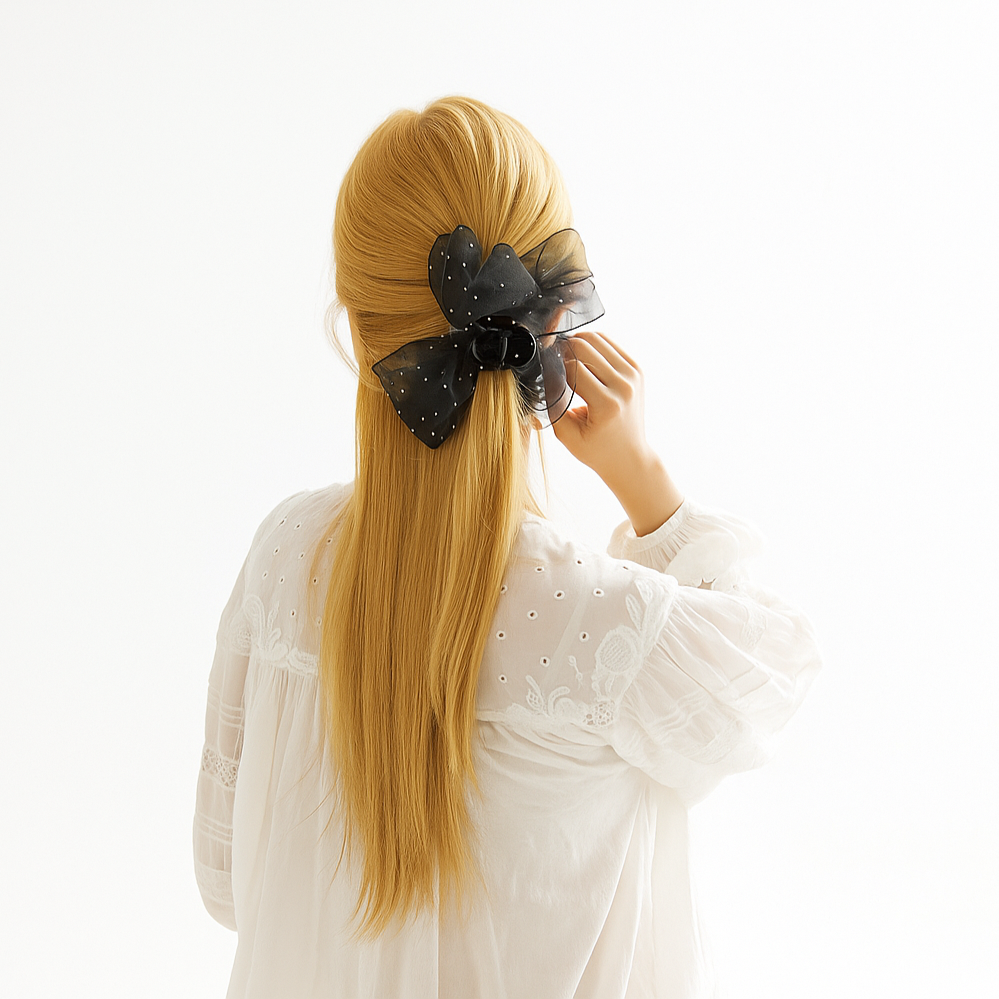 Sheer Organza Ribbon Hair Claw Clips with Cubic Charm (Black)