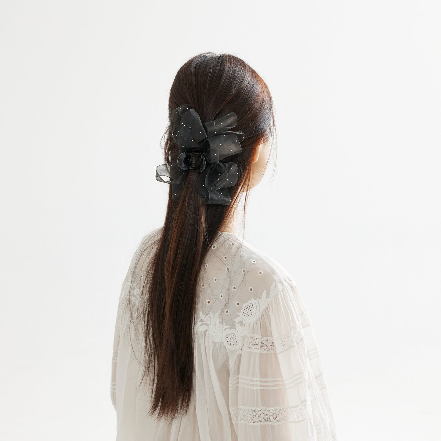 Sheer Organza Ribbon Hair Claw Clips with Cubic Charm (Black)