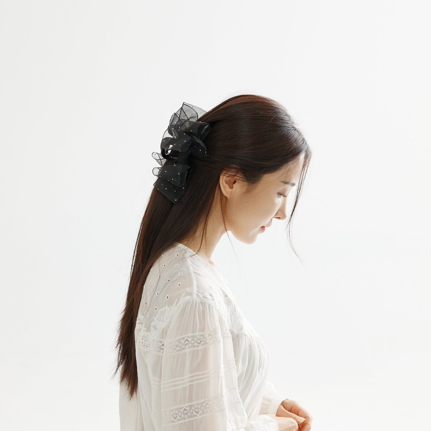 Sheer Organza Ribbon Hair Claw Clips with Cubic Charm (Black)