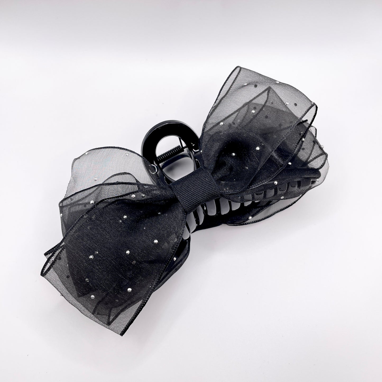Sheer Organza Ribbon Hair Claw Clips with Cubic Charm (Black)