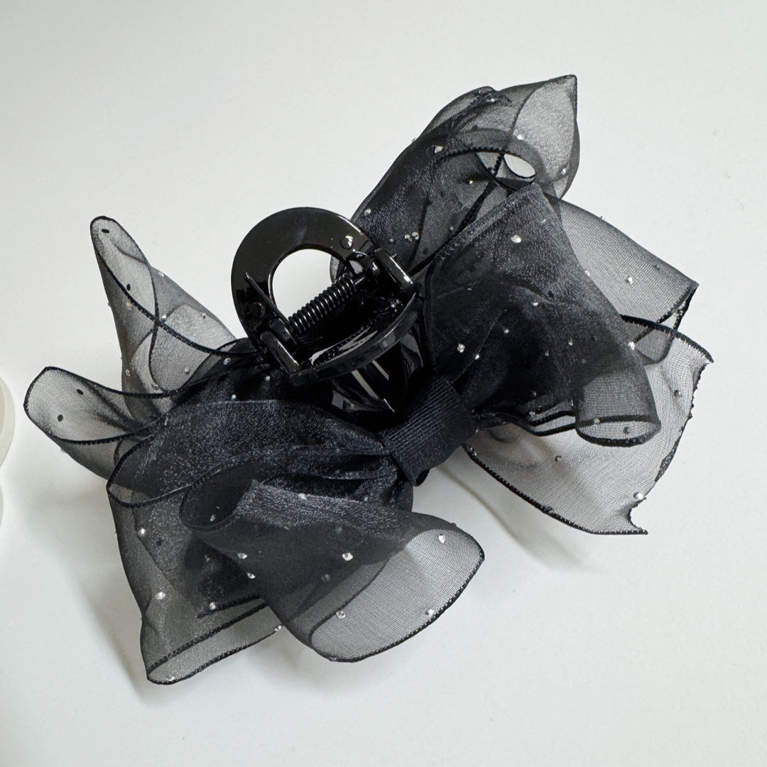 Sheer Organza Ribbon Hair Claw Clips with Cubic Charm (Black)