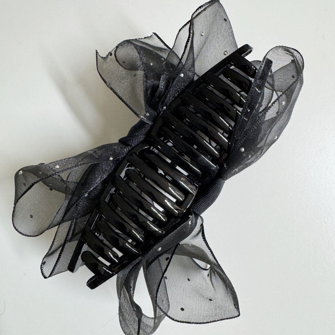 Sheer Organza Ribbon Hair Claw Clips with Cubic Charm (Black)