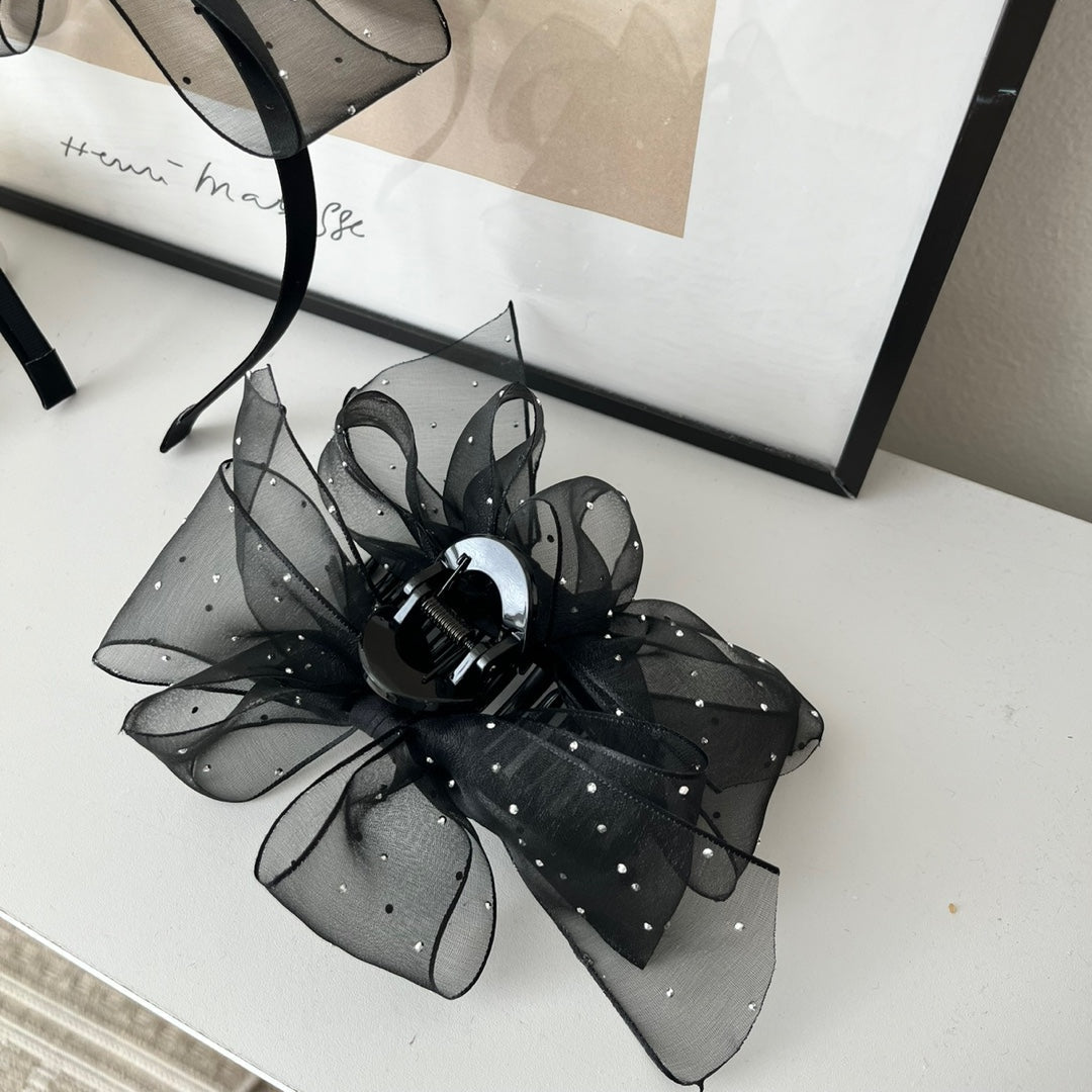 Sheer Organza Ribbon Hair Claw Clips with Cubic Charm (Black)