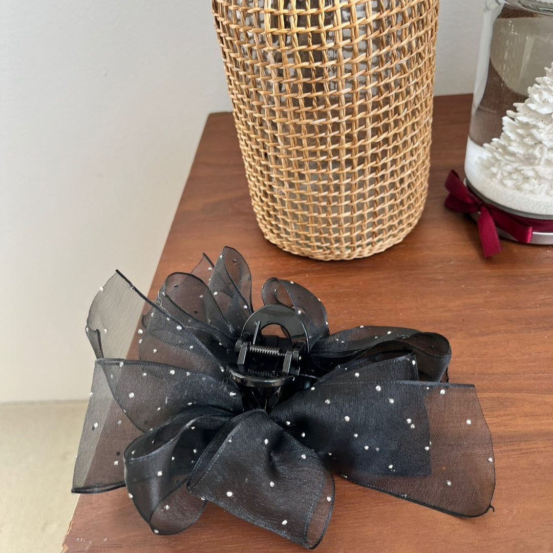 Sheer Organza Ribbon Hair Claw Clips with Cubic Charm (Black)