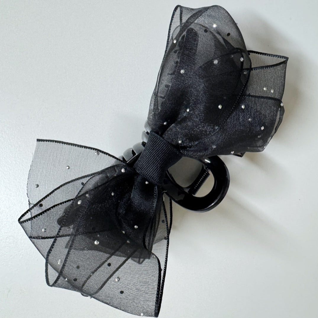 Sheer Organza Ribbon Hair Claw Clips with Cubic Charm (Black)