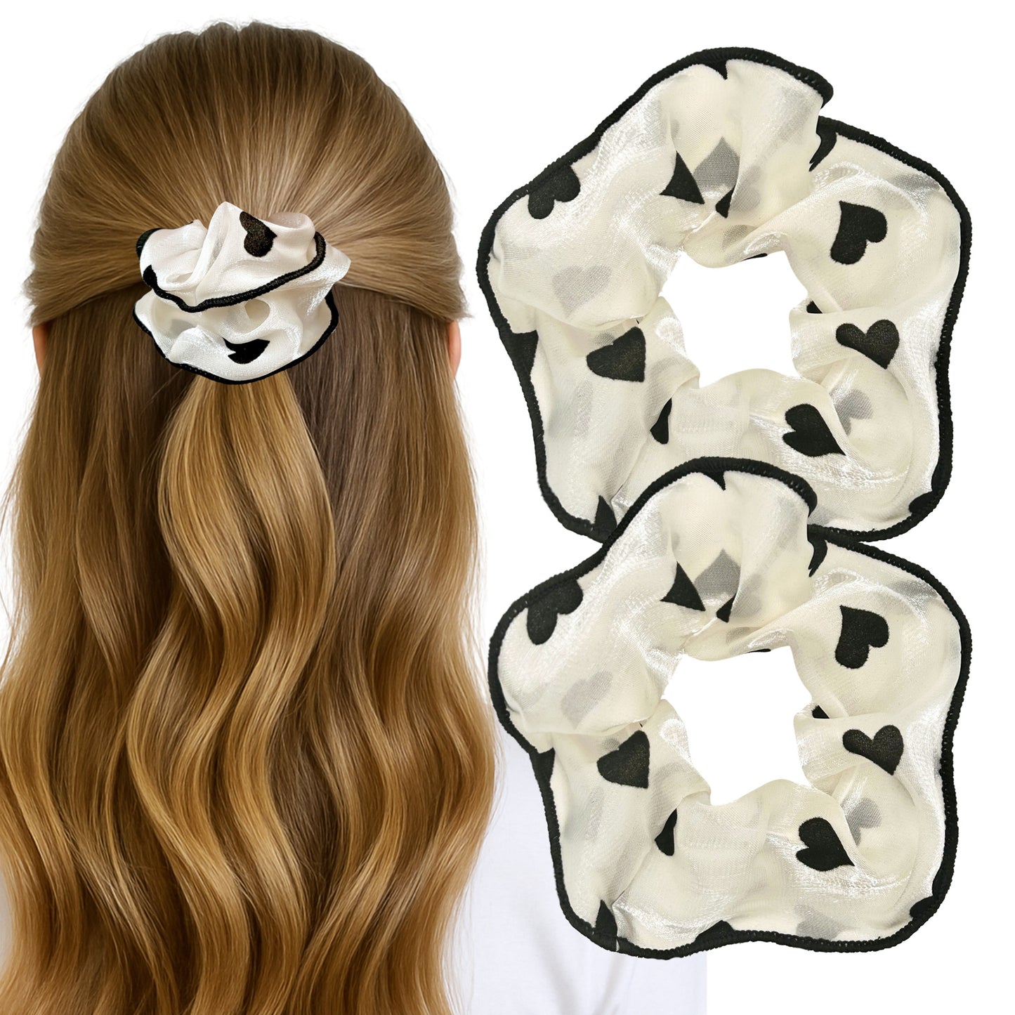 Heart Printed Satin Scrunchies (Ivory)