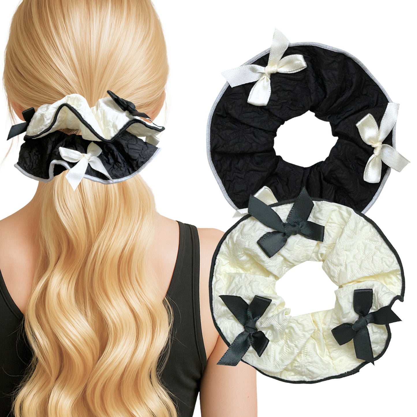 Textured Crinkle Fabric Scrunchies with Bow (SET OF 2)