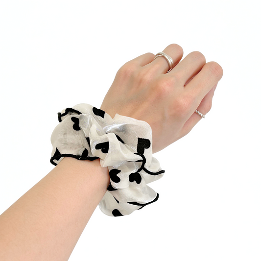 Heart Printed Satin Scrunchies (Ivory)