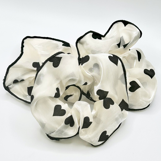 Heart Printed Satin Scrunchies (Ivory)