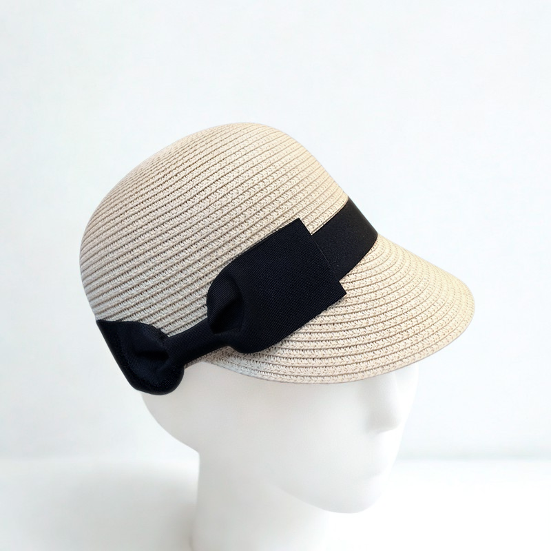 Summer Straw Sun Hat with Black Bow (Light Beige)