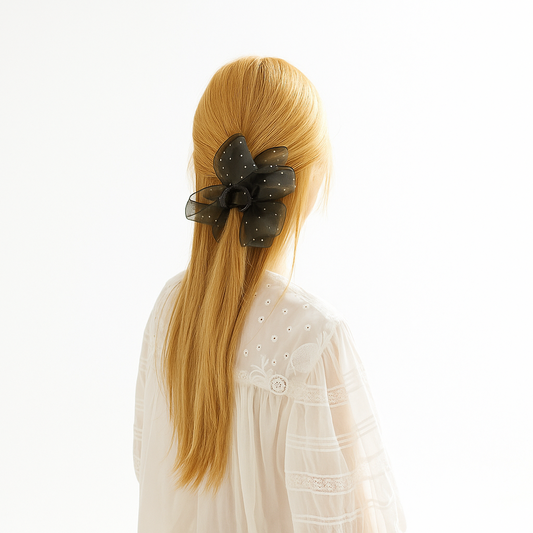Sheer Organza Ribbon Hair Claw Clips with Cubic Charm (Black)