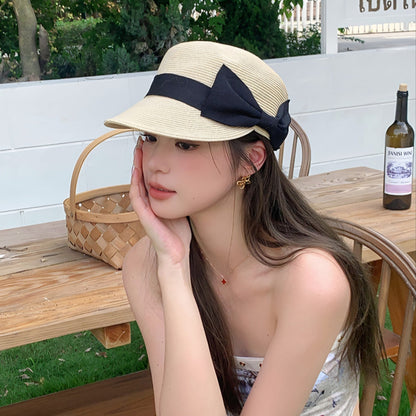Summer Straw Sun Hat with Black Bow (Light Beige)