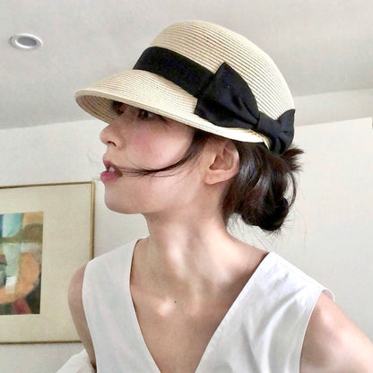 Summer Straw Sun Hat with Black Bow (Light Beige)