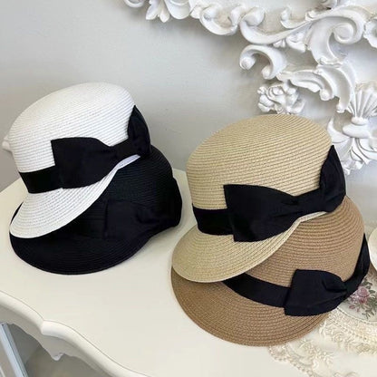 Summer Straw Sun Hat with Black Bow (Light Beige)