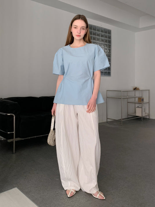 [Rêverit] Cotton Puff Sleeve Blouse with Adjustable Waist (3 Colours)