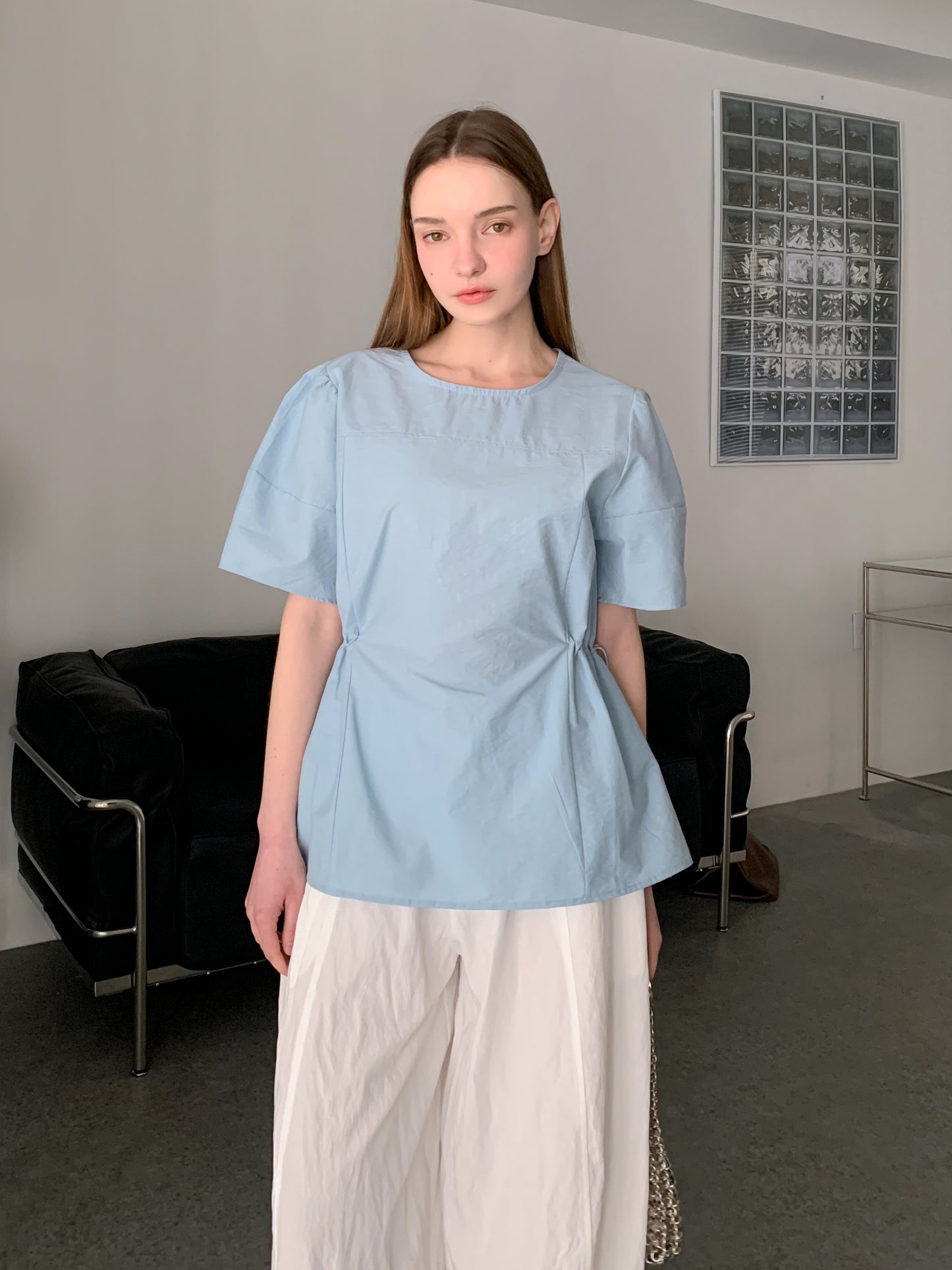 [Rêverit] Cotton Puff Sleeve Blouse with Adjustable Waist (3 Colours)