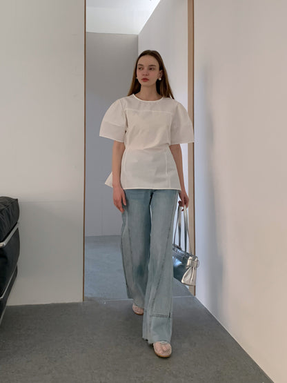 [Rêverit] Cotton Puff Sleeve Blouse with Adjustable Waist (3 Colours)