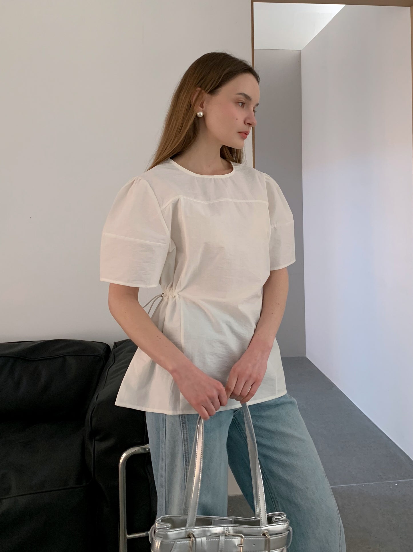 [Rêverit] Cotton Puff Sleeve Blouse with Adjustable Waist (3 Colours)