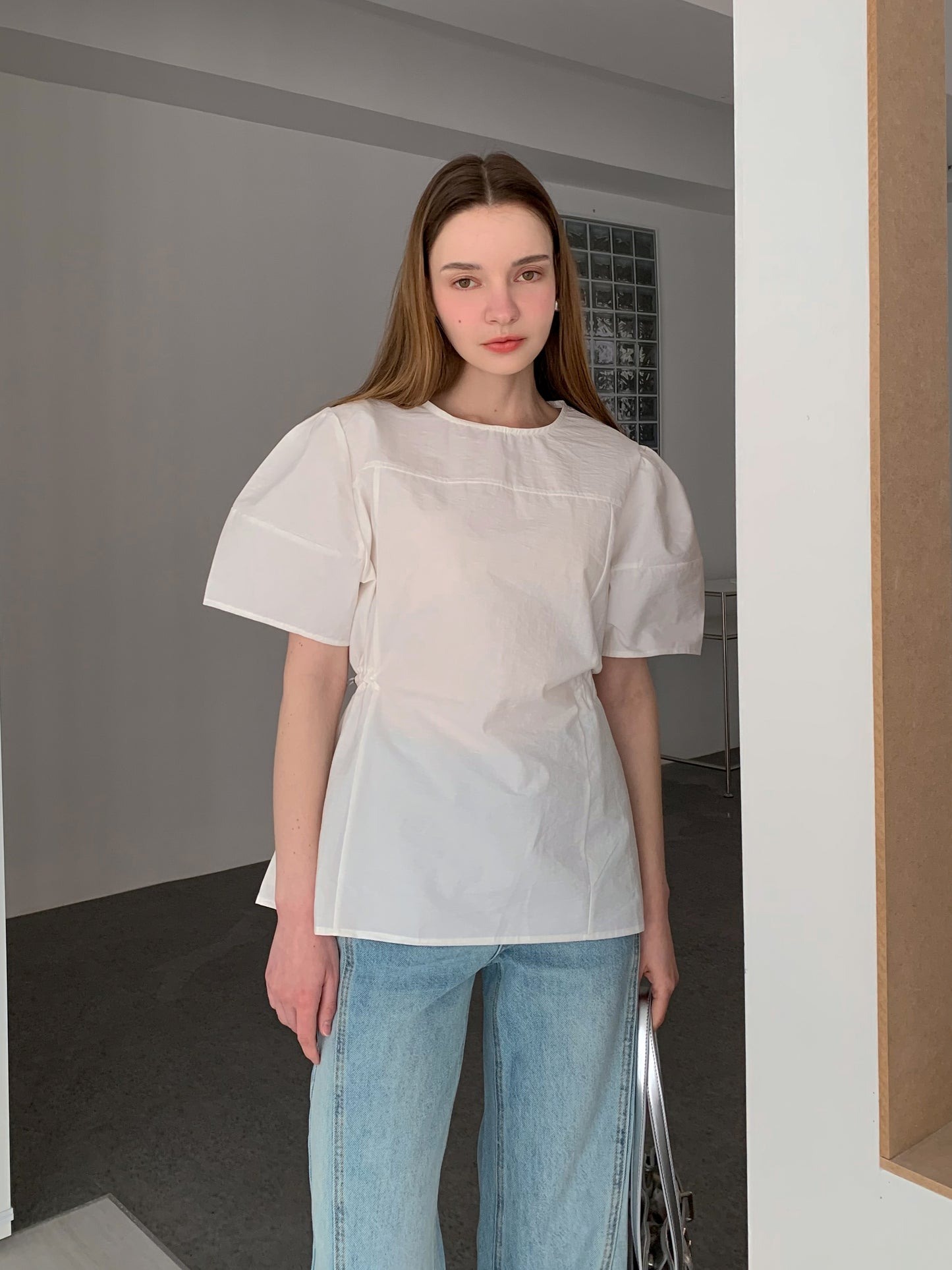 [Rêverit] Cotton Puff Sleeve Blouse with Adjustable Waist (3 Colours)