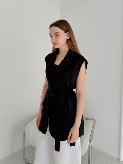 [Rêverit] Sheer-Back Sleeveless Belted Vest (2 Colours)