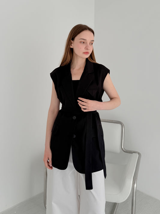 [Rêverit] Sheer-Back Sleeveless Belted Vest (2 Colours)