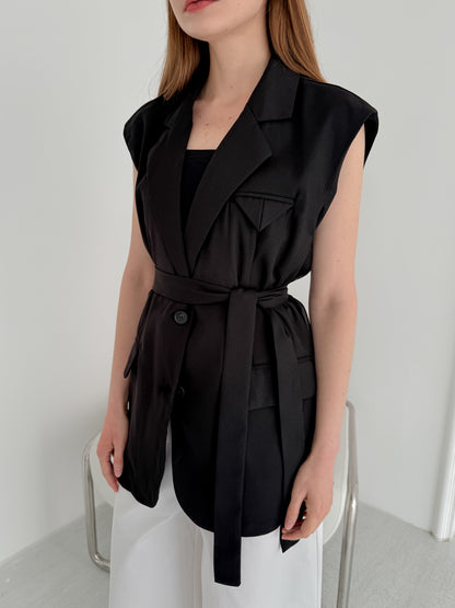 [Rêverit] Sheer-Back Sleeveless Belted Vest (2 Colours)