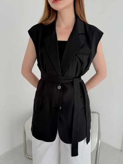 [Rêverit] Sheer-Back Sleeveless Belted Vest (2 Colours)