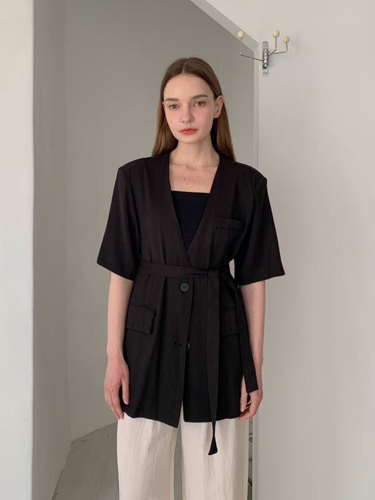 [Rêverit] Linen Blend Collarless Short-Sleeve Jacket (3 Colours)