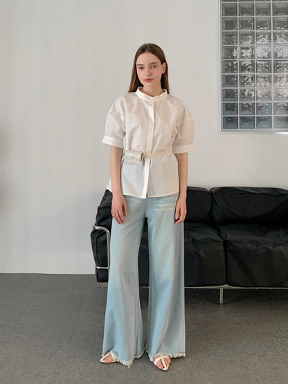 [Rêverit] Structured Puff-Sleeve Stand Collar Blouse (3 Colours)