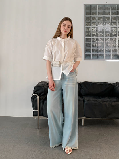 [Rêverit] Structured Puff-Sleeve Stand Collar Blouse (3 Colours)